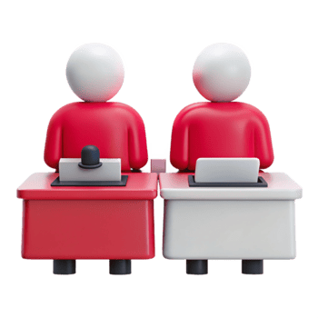 Two 3D Figures Sitting at Desks, One With Microphone png