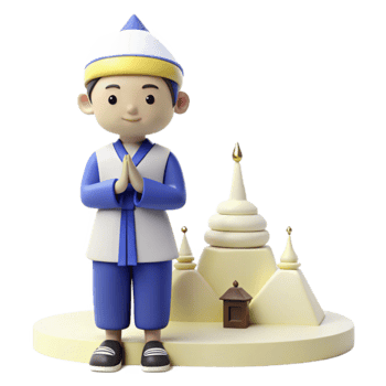 3D Render of a Cartoon Person in Traditional Clothing Bowing in Front of a White Pagoda png