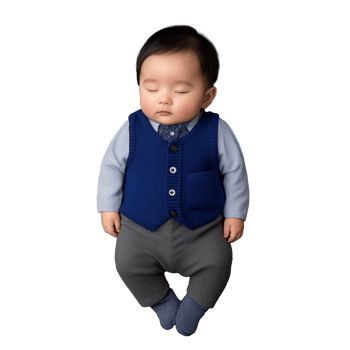 Baby sleeping peacefully in a blue vest and gray pants on a transparent background png