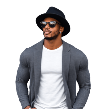 Man in a gray jacket, white shirt, and black hat posing stylishly on a transparent background png