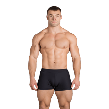 Muscular man in black shorts posing shirtless on a transparent background png
