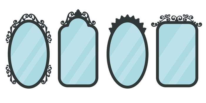 Mirrors icon. Set of vintage mirrors isolated on white background. Retro looking glass with elgant antique frames. Luxury classic home furniture in antique style. illustration vector