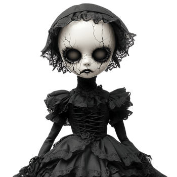 Gothic fashion doll with ruffled front and lace hem png