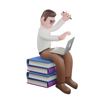 Animated Professional Sociologist. A male sociologist sits on a pile of books while holding a laptop and holding a pen in his hand. Cartoon png