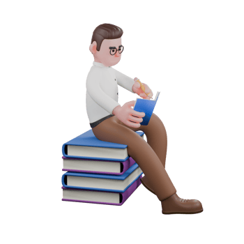 Male Professional Sociologist - 3D Character. A male sociologist sits on a pile of books while holding a book and a pencil in both hands. Social Research Model png