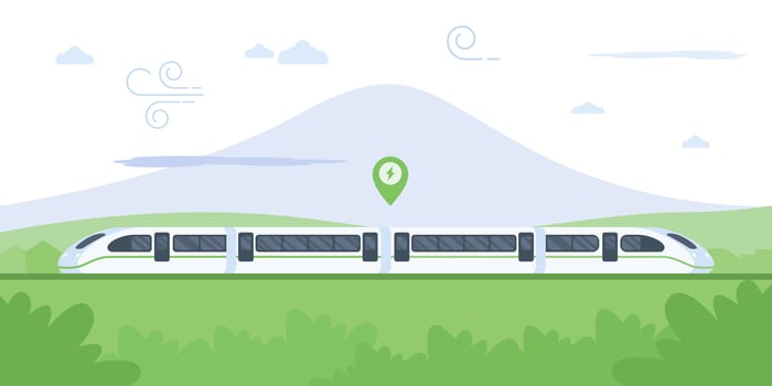 High-speed train speeds through a scenic landscape, passing a majestic mountain range. The train's sleek design and electric charge symbol represent modern technology and sustainability. vector