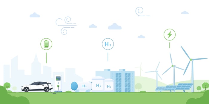 Hydrogen fuel cell cars charge at a station powered by wind turbines and solar panels. Hydrogen tanks store clean energy, reducing emissions. Perfect for sustainable transportation. city background vector