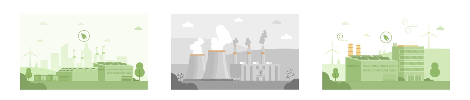 Eco-friendly factory with solar panels, wind turbine, and urban skyline. Grayscale landscape with cooling towers, smokestacks, and factory. Eco-friendly factory with solar panels and chimney vector