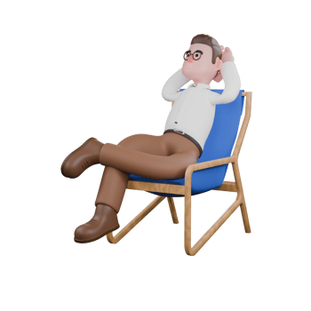 Sociologist in 3D. A male sociologist sits on a recliner with both hands behind his head. Cartoon Illustrated png