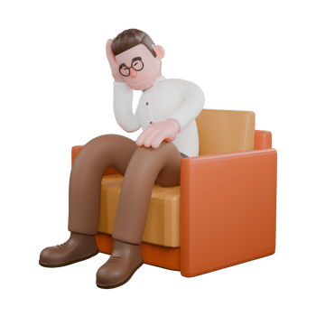 Animated Professional Sociologist. A male sociologist sitting on a sofa with his right hand on his head. Cartoon Illustrated png