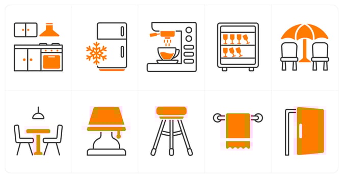 A set of 10 furniture icons as kitchen, refrigerator, coffee machine vector