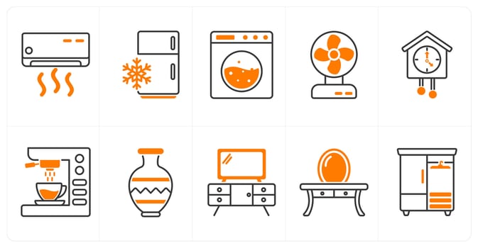 A set of 10 furniture icons as air conditioner, refrigerator, washing machine vector
