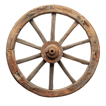 Rustic wooden wagon wheel displayed against a white background png