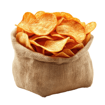 Crunchy golden potato chips in a burlap sack for sharing png