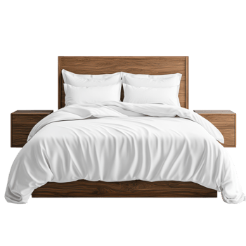 Cozy minimalist bedroom with wooden accents and white bedding png