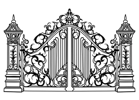 ANTIQUE METAL GATE. Black on white sketch of wrought iron bifold garden doors. vector