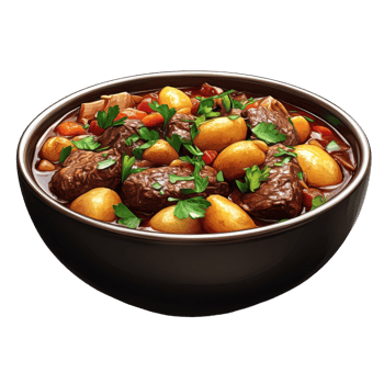 Savory beef stew with potatoes and fresh herbs in a bowl png