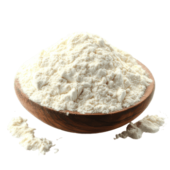 Fluffy white flour piled high in a wooden bowl on a bright surface png