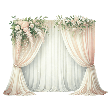 Elegant draped curtains with floral arrangement, perfect for events and celebrations. png