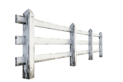 A close-up shot of a weathered white wooden fence with peeling paint and rustic texture, isolated on a transparent background. png
