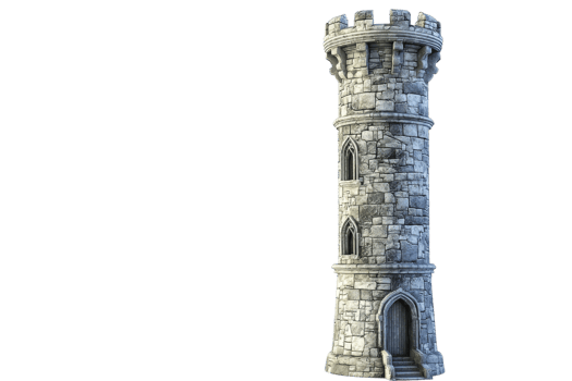 A majestic medieval stone tower with crenellations and an arched entrance, isolated on a transparent background. png