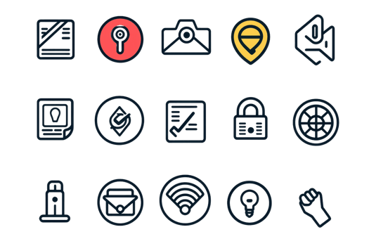 A set of diverse icons including key, lock, location, email, and more, ideal for web design and application development. png