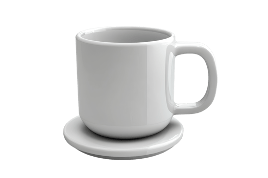 A simple, elegant white coffee cup placed on a matching saucer, perfect for morning beverages or minimalist decor. png