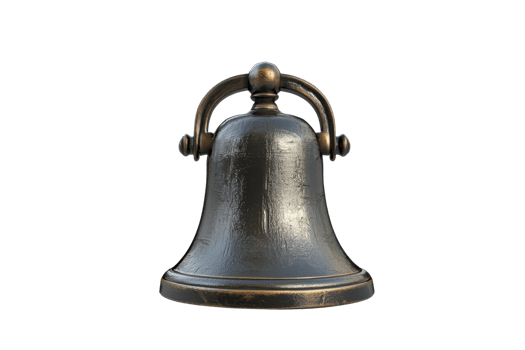 Close-up of a classic bronze bell with a handle, isolated on a transparent background. Perfect for historical or nautical themes. png