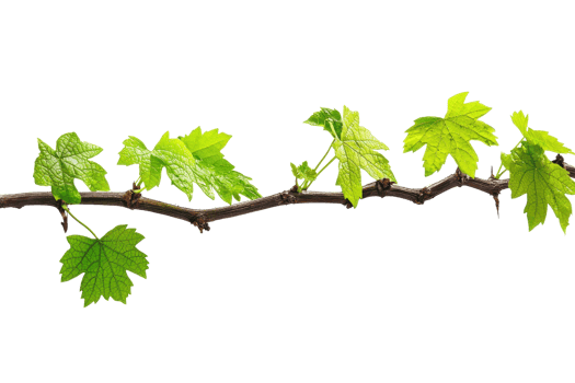 Close-up of a grapevine branch with vibrant green leaves isolated on a transparent background. Natural and botanical theme for design projects. png