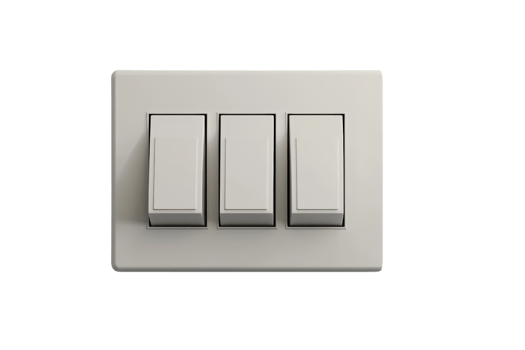 Close-up of a modern triple light switch on a white wall, showing the simplicity and functionality of home electrical fixtures. png