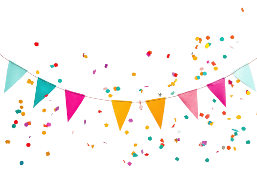Colorful party decorations with confetti and festive bunting flags, perfect for celebrations, festivals, and joyful events. png