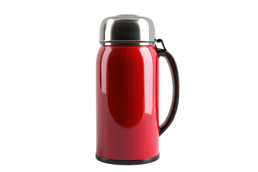 Red stainless steel thermos flask with black handle isolated on transparent background. ideal for keeping beverages hot or cold for extended periods. png