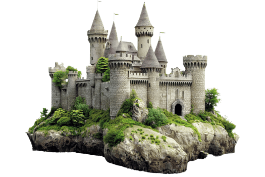 A fairytale castle perched on a rocky outcrop surrounded by greenery, featuring majestic towers and lush vegetation. png