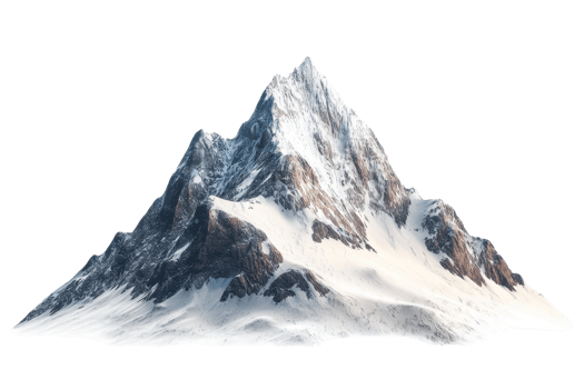 A majestic, snow-covered mountain peak isolated on a transparent background. perfect for outdoor and travel-themed visuals. png