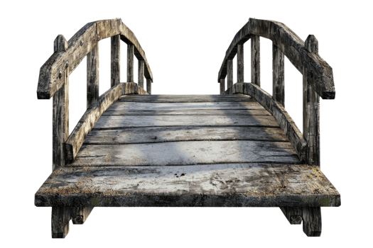 A rustic wooden bridge with weathered planks and railings, isolated on a transparent background. showcasing vintage charm and craftsmanship. png