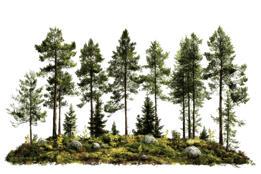A scenic forest with tall evergreen trees and lush greenery, creating a tranquil and natural wilderness landscape against a transparent background. png