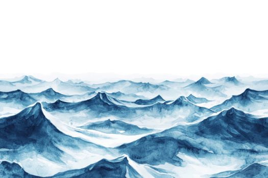 A serene watercolor painting of blue mountains in winter, showcasing a peaceful and cold landscape with snow-covered peaks and mist-filled valleys. png