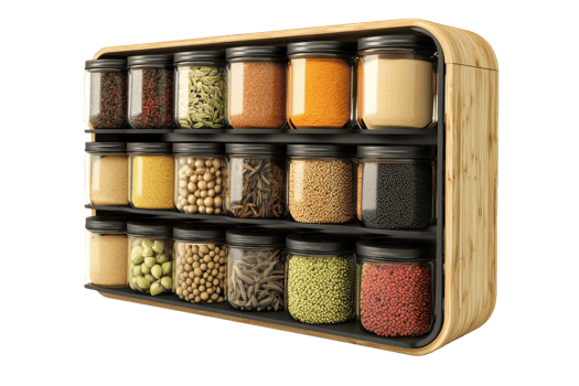 A wooden spice rack filled with various jars of spices and herbs, neatly organized and beautifully displayed. png