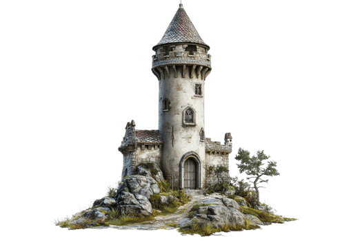 Ancient stone castle tower with red roof nestled among rocky terrain, surrounded by greenery under a clear sky, historical and scenic view. png