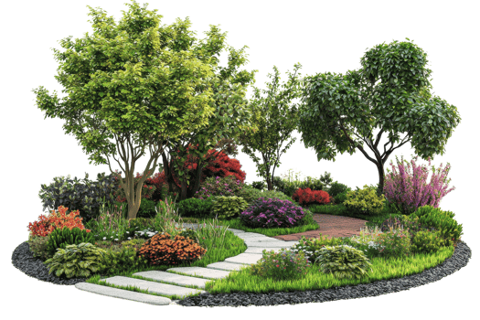 Beautiful landscaped garden with vibrant flowers, lush greenery, and a charming stone path on a bright sunny day. png