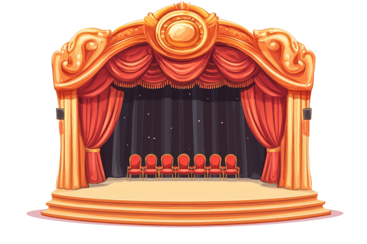Elegant theater stage with red curtains and chairs, perfect for performances, events, and artistic showcases. Luxurious and sophisticated design. png