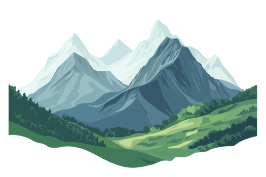 Illustration of a serene mountain landscape with snowy peaks, green hills, and clear skies. Perfect for nature-themed designs and prints. png