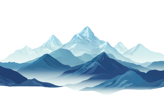 Illustration of majestic blue mountains with snow-capped peaks under a clear sky, capturing the beauty of nature in art. png