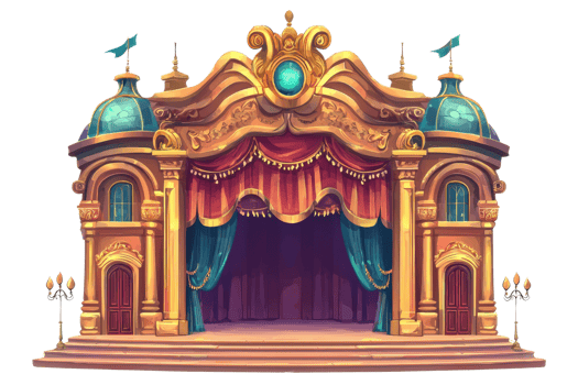 Elegant vintage theater stage with ornate decorations, rich curtains, and classic architectural details, perfect for a grand performance. png