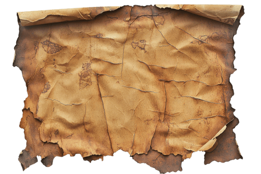 Old weathered parchment paper with torn edges and stained surface, suitable for vintage designs and historical themes. png
