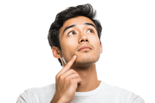 Thoughtful man looking up, touching chin, wearing white t-shirt. Isolated on transparent background. Concept of thinking and pondering ideas. png