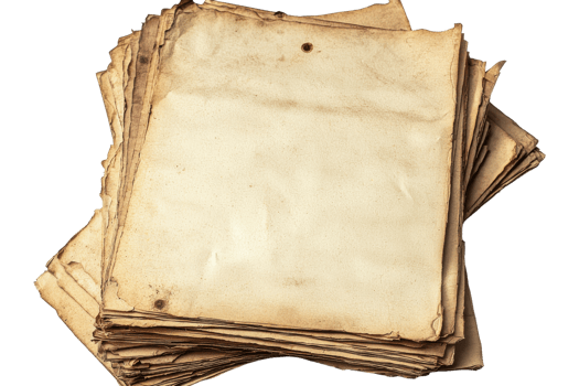 Stack of aged parchment papers, ideal for antique, vintage, history themed projects, close-up view of the paper texture. png