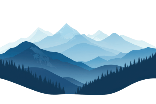 Tranquil mountain scenery with layered blue hues and pine trees, evoking serenity and natural beauty in a minimalist design. png