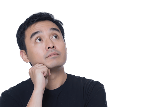 Thoughtful man in black shirt looking up, isolated on transparent background. Concept of contemplation, thinking, and planning. png