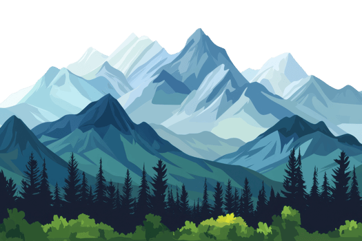 A beautiful digital illustration of a mountainous landscape with lush forests and snowy peaks. Perfect for nature-inspired design projects. png